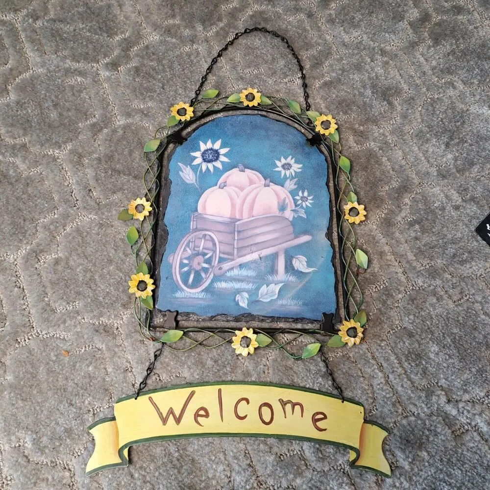 VINTAGE WELCOME WALL DECOR SUNFLOWER FALL PUMPKIN SCENE WOOD METAL HANGING RARE